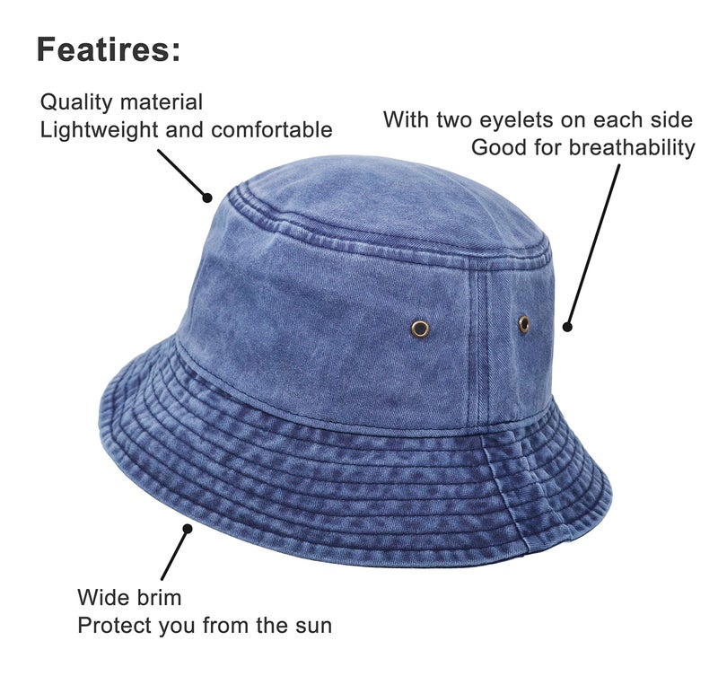 UltraKey Bucket Hat, Wide Brim Washed Denim Cotton Outdoor Sun Hat Flat Top Cap for Fishing Hiking Beach Sports Navy - Image 3